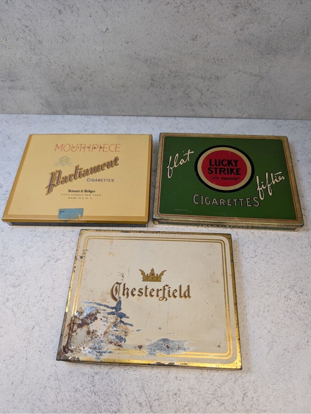 Vintage Cigarette Tins Lot Lucky Strike Parliament Chesterfield